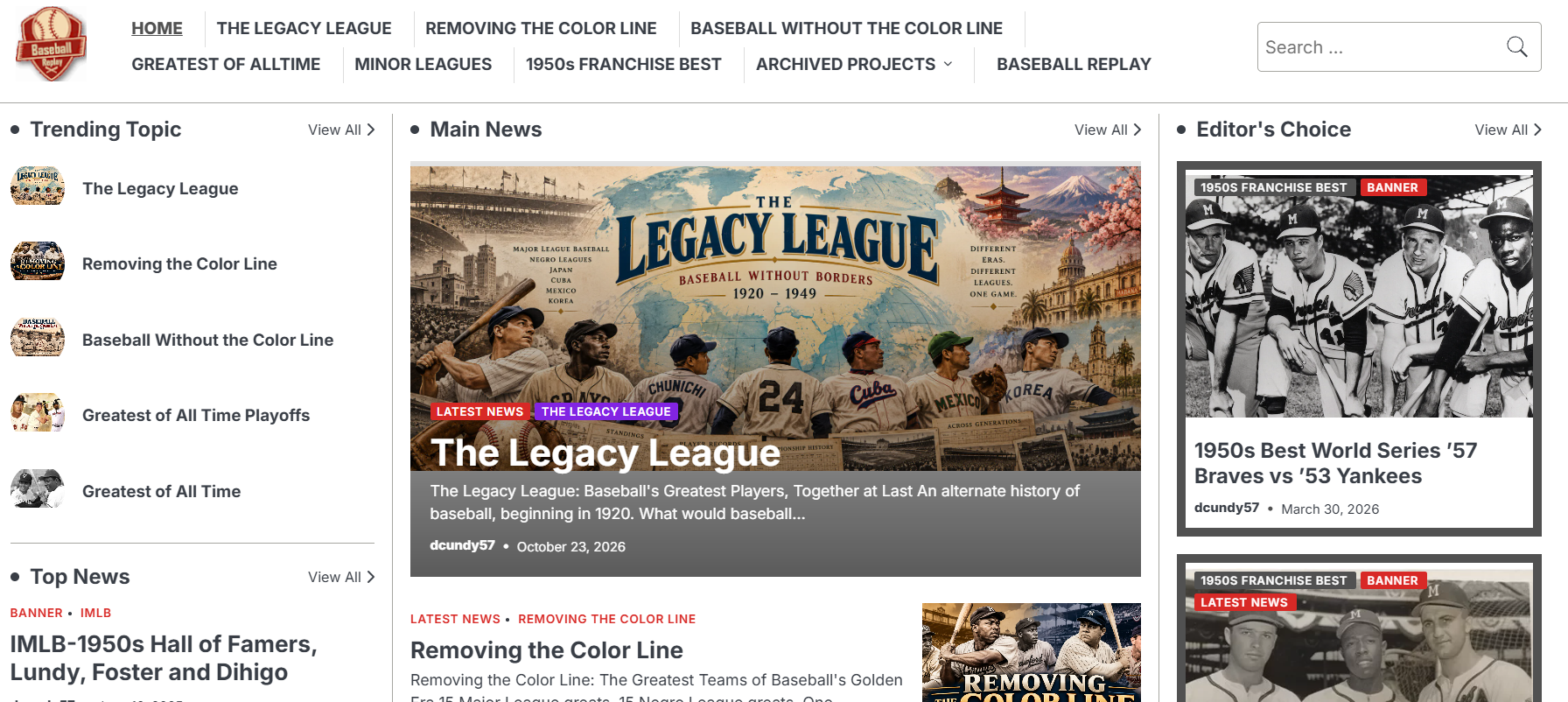 The Legacy League baseball website