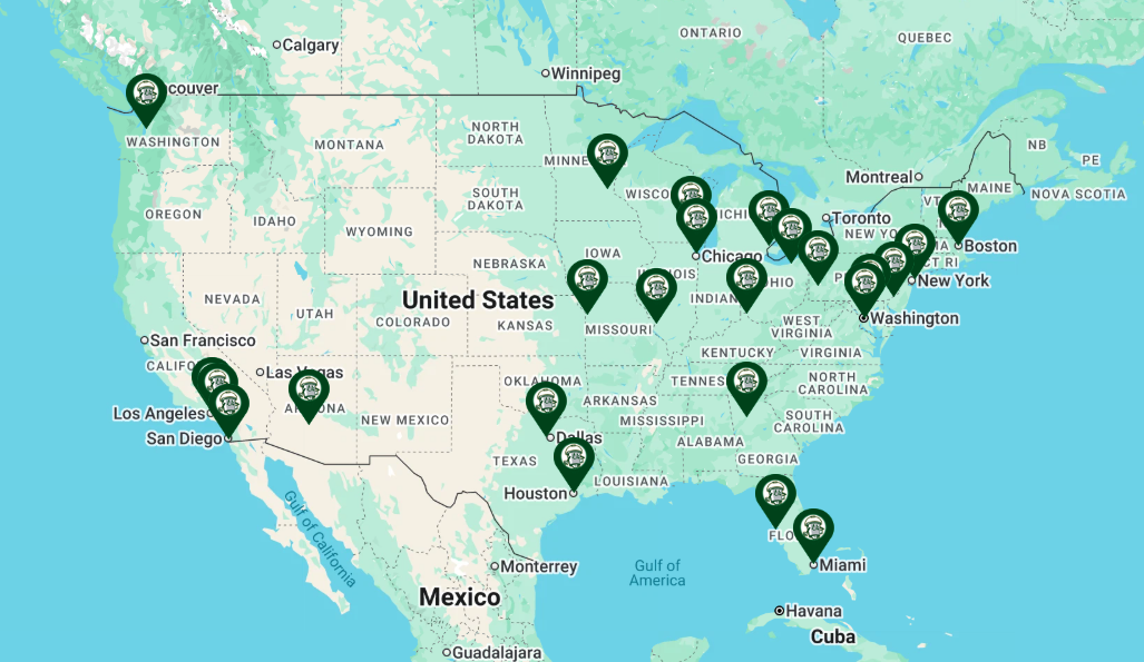 Map of North America showing the MLB ballparks we have visited