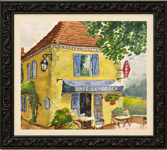 Yellow French café with blue shutters and outdoor seating