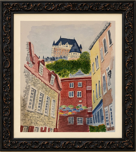 Quebec street scene with historic stone buildings and a château above the trees